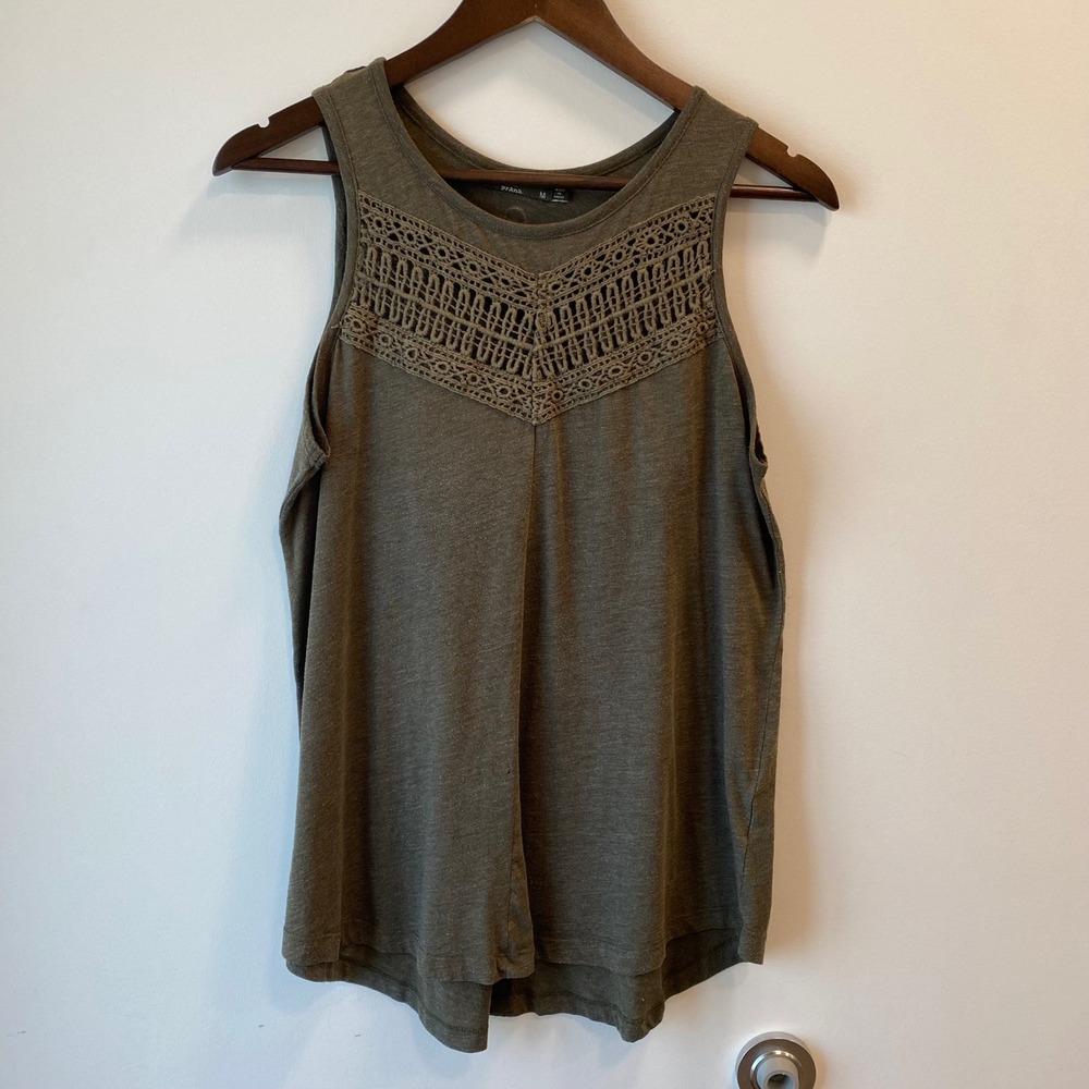 Prana Tank Top Women M Green Crochet Lace Yoke Boho Sleeveless Heathered Knit